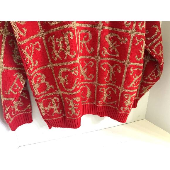 Vtg 80s Adele Boho Christmas All Over ABC Print Knit Sweater Gold/red Sz M - Picture 2 of 10